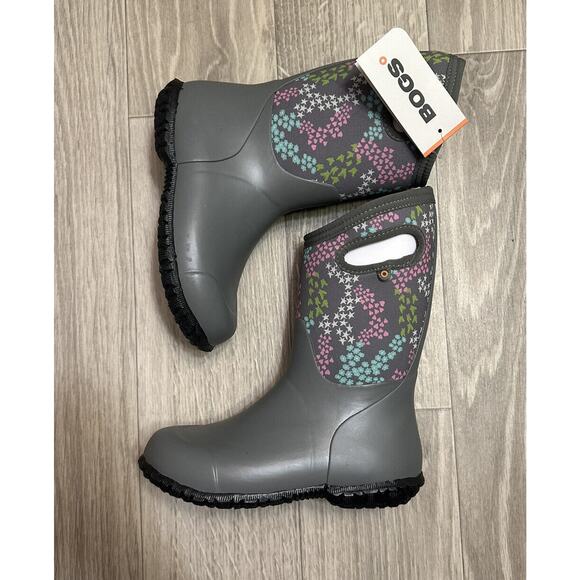 Bogs Youth York Star Heart Mid Calf Grey Pull On Rubber Rain Boots Sz 1 - Picture 2 of 9